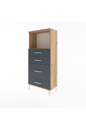 Arges Dolap Tek Raflı 4 Çekmeceli 60x30x134 Çam-Antrasit