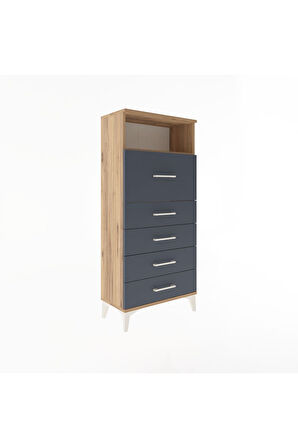 Arges Dolap Tek Raflı 5 Çekmeceli 60x30x134 Çam-Antrasit