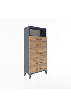 Arges Dolap Tek Raflı 5 Çekmeceli 60x30x134 Antrasit-Çam