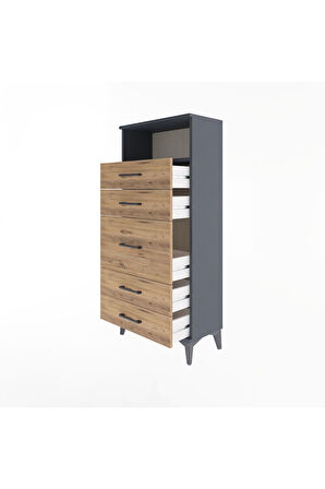 Arges Dolap Tek Raflı 5 Çekmeceli 60x30x134 Antrasit-Çam