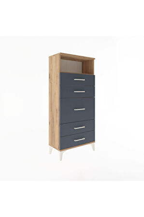 Arges Dolap Tek Raflı 5 Çekmeceli 60x30x134 Çam-Antrasit