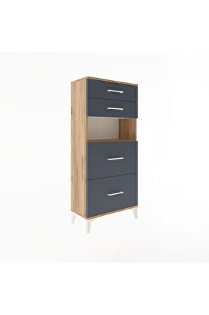 Arges Dolap Tek Raflı 4 Çekmeceli 60x30x134 Çam-Antrasit