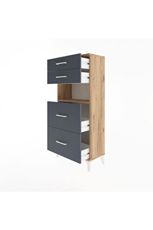 Arges Dolap Tek Raflı 4 Çekmeceli 60x30x134 Çam-Antrasit