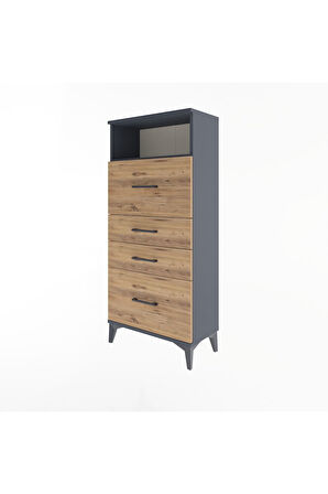 Arges Dolap Tek Raflı 4 Çekmeceli 60x30x134 Antrasit-Çam