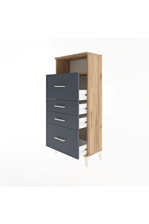 Arges Dolap Tek Raflı 4 Çekmeceli 60x30x134 Çam-Antrasit