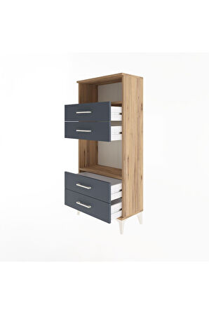 Arges Dolap 2 Raflı 4 Çekmeceli 60x30x134 Çam-Antrasit