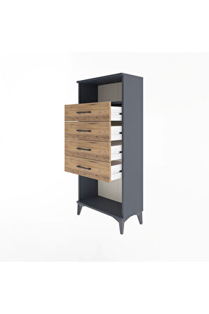 Arges Dolap Tek Raflı 4 Çekmeceli 60x30x134 Antrasit-Çam