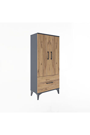 Arges Dolap 2 Raflı Tek Çekmeceli 2 Kapaklı 60x30x134 Antrasit-Çam