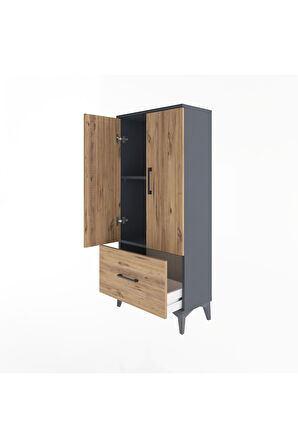 Arges Dolap 2 Raflı Tek Çekmeceli 2 Kapaklı 60x30x134 Antrasit-Çam