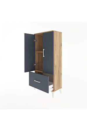 Arges Dolap 2 Raflı Tek Çekmeceli 2 Kapaklı 60x30x134 Çam-Antrasit