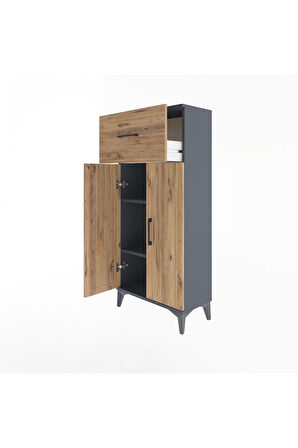 Arges Dolap 2 Raflı Tek Çekmeceli 2 Kapaklı 60x30x134 Antrasit-Çam