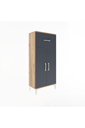 Arges Dolap 2 Raflı Tek Çekmeceli 2 Kapaklı 60x30x134 Çam-Antrasit