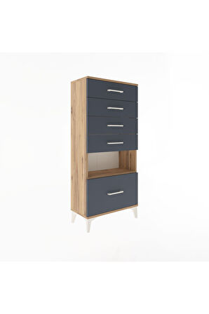 Arges Dolap Tek Raflı 5 Çekmeceli 60x30x134 Çam-Antrasit