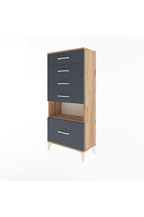 Arges Dolap Tek Raflı 5 Çekmeceli 60x30x134 Çam-Antrasit