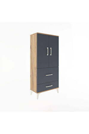 Arges Dolap Tek Raflı 2 Çekmeceli 2 Kapaklı 60x30x134 Çam-Antrasit