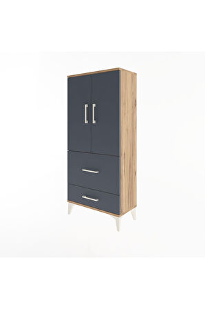 Arges Dolap Tek Raflı 2 Çekmeceli 2 Kapaklı 60x30x134 Çam-Antrasit