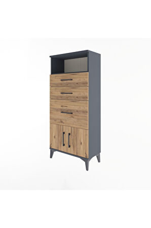 Arges Dolap Tek Raflı 3 Çekmeceli 2 Kapaklı 60x30x134 Antrasit-Çam