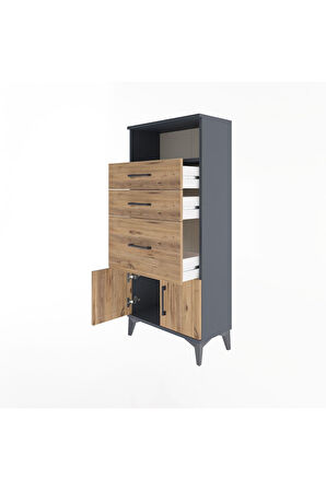Arges Dolap Tek Raflı 3 Çekmeceli 2 Kapaklı 60x30x134 Antrasit-Çam