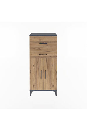 Arges Dolap Tek Raflı 2 Çekmeceli 2 Kapaklı 60x30x134 Antrasit-Çam