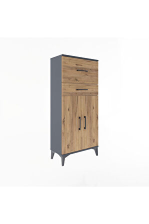 Arges Dolap Tek Raflı 2 Çekmeceli 2 Kapaklı 60x30x134 Antrasit-Çam