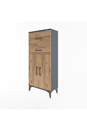 Arges Dolap Tek Raflı 2 Çekmeceli 2 Kapaklı 60x30x134 Antrasit-Çam