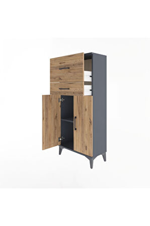 Arges Dolap Tek Raflı 2 Çekmeceli 2 Kapaklı 60x30x134 Antrasit-Çam
