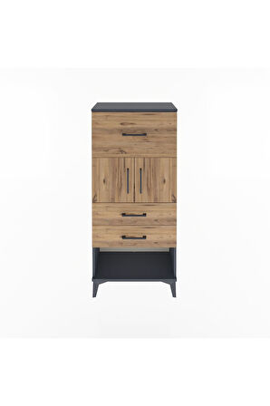 Arges Dolap Tek Raflı 3 Çekmeceli 2 Kapaklı 60x30x134 Antrasit-Çam