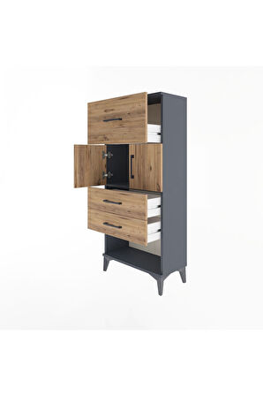 Arges Dolap Tek Raflı 3 Çekmeceli 2 Kapaklı 60x30x134 Antrasit-Çam