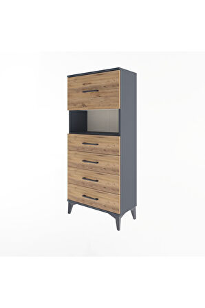 Arges Dolap Tek Raflı 5 Çekmeceli 60x30x134 Antrasit-Çam