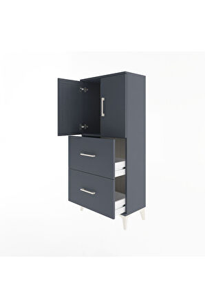 Arges Dolap Tek Raflı 2 Çekmeceli 2 Kapaklı 60x30x134 Antrasit-Antrasit