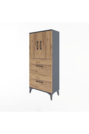 Arges Dolap Tek Raflı 2 Çekmeceli 2 Kapaklı 60x30x134 Antrasit-Çam