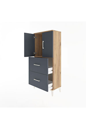 Arges Dolap Tek Raflı 2 Çekmeceli 2 Kapaklı 60x30x134 Çam-Antrasit