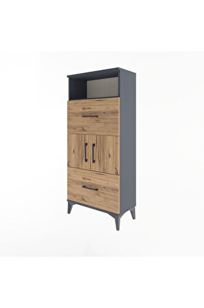 Arges Dolap 2 Raflı 2 Çekmeceli 2 Kapaklı 60x30x134 Antrasit-Çam