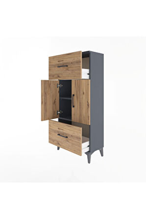Arges Dolap 2 Raflı 2 Çekmeceli 2 Kapaklı 60x30x134 Antrasit-Çam