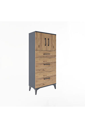 Arges Dolap Tek Raflı 3 Çekmeceli 2 Kapaklı 60x30x134 Antrasit-Çam