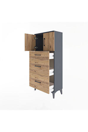 Arges Dolap Tek Raflı 3 Çekmeceli 2 Kapaklı 60x30x134 Antrasit-Çam