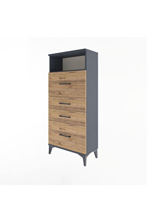 Arges Dolap Tek Raflı 4 Çekmeceli 60x30x134 Antrasit-Çam