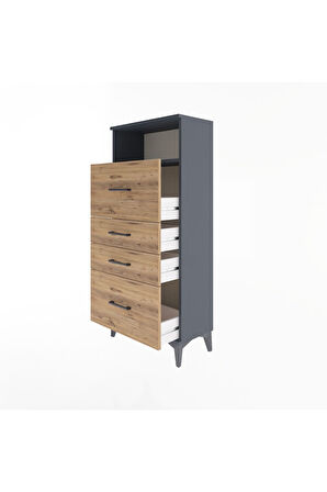 Arges Dolap Tek Raflı 4 Çekmeceli 60x30x134 Antrasit-Çam