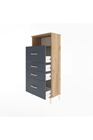 Arges Dolap Tek Raflı 4 Çekmeceli 60x30x134 Çam-Antrasit