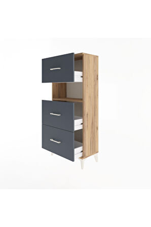 Arges Dolap Tek Raflı 3 Çekmeceli 60x30x134 Çam-Antrasit
