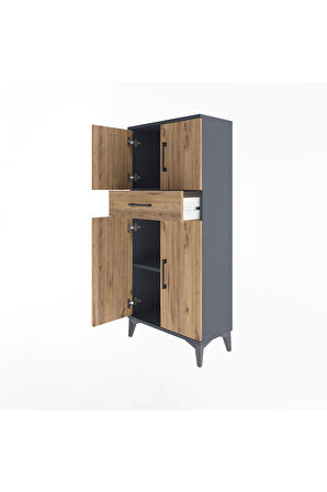 Arges Dolap 2 Raflı Tek Çekmeceli 4 Kapaklı 60x30x134 Antrasit-Çam