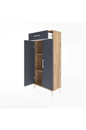 Arges Dolap 2 Raflı Tek Çekmeceli 2 Kapaklı 60x30x134 Çam-Antrasit