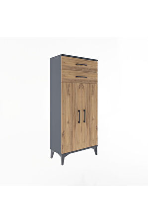 Arges Dolap 2 Raflı 2 Çekmeceli 2 Kapaklı 60x30x134 Antrasit-Çam