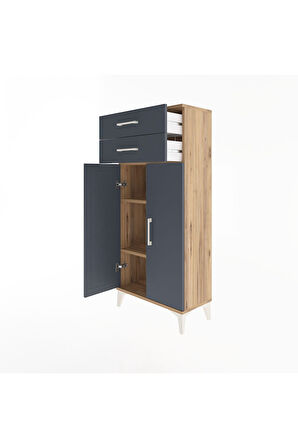 Arges Dolap 2 Raflı 2 Çekmeceli 2 Kapaklı 60x30x134 Çam-Antrasit