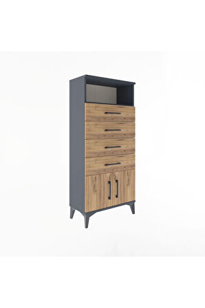Arges Dolap Tek Raflı 4 Çekmeceli 2 Kapaklı 60x30x134 Antrasit-Çam