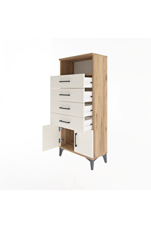 Arges Dolap Tek Raflı 4 Çekmeceli 2 Kapaklı 60x30x134 Çam-Aytaşı