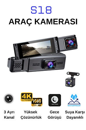 Wearfitpro S18 4K 1080P Monitörlü Ses Kayıtlı Gece Görüşlü 3 Kanal  Araç  İç Dış Kamera