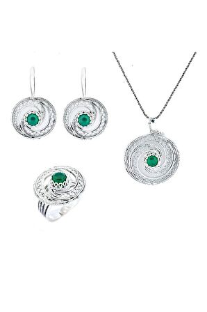 El Işi Yuvarlak Motifli Yeşim Taşlı Üçlü Telkari Set