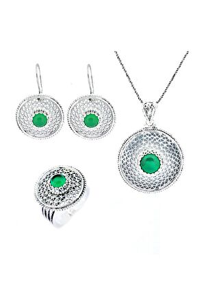 El Işi Yuvarlak Motifli Yeşim Taşlı Telkari Üçlü Set
