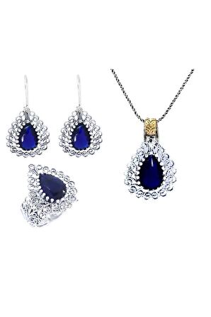 El Işi Damla Motifli Safir Taşlı Telkari Üçlü Set